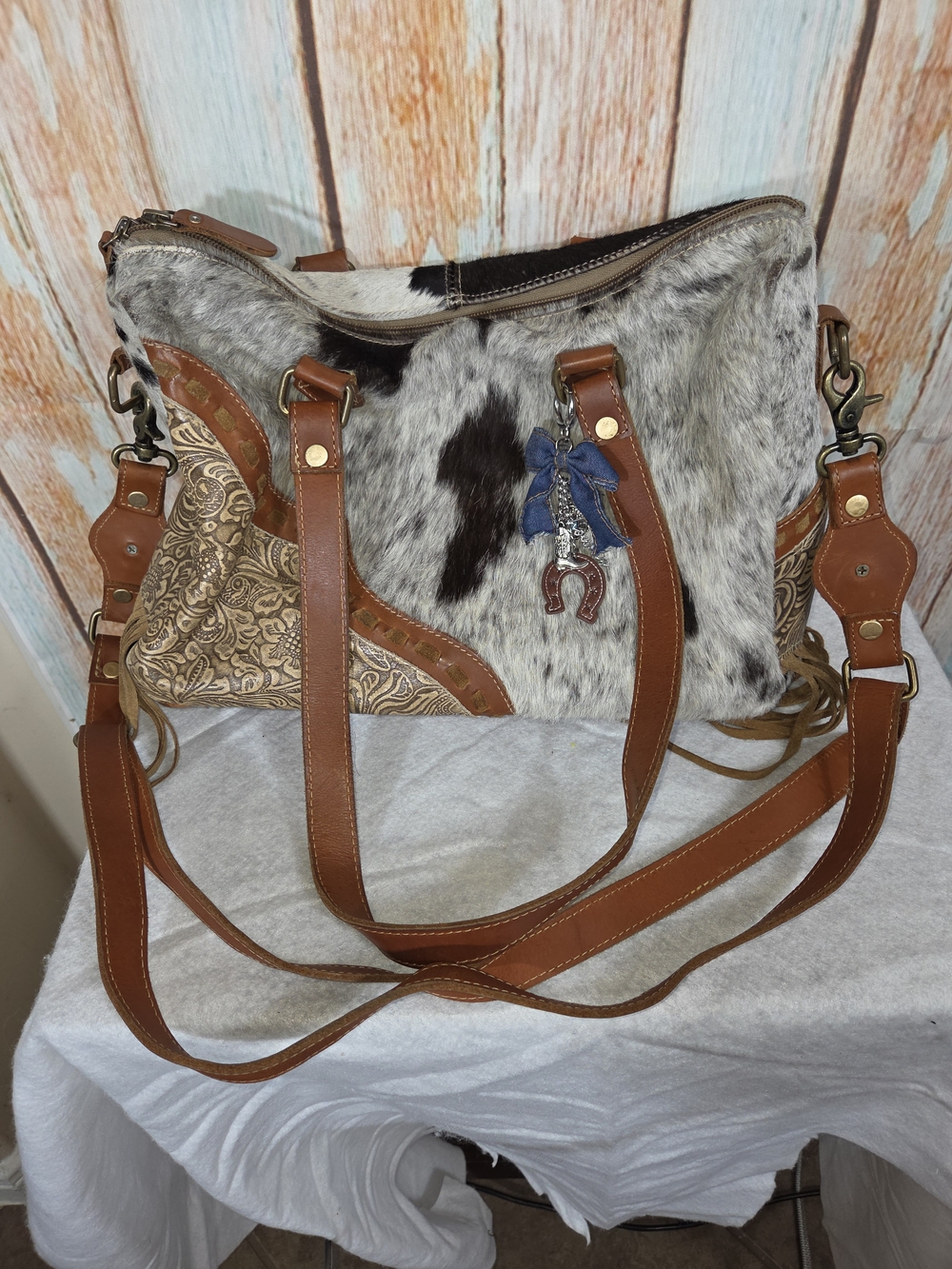 Myra Bag Leather and Haircalf Detailing Concealed Carry Bag in Brown and White